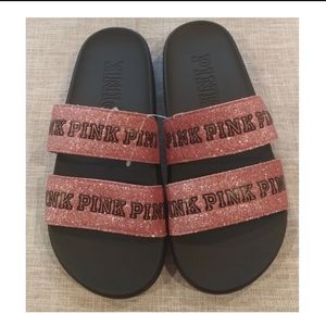 NWOT VS PINK Glitter Rose Gold Pink Slides Small